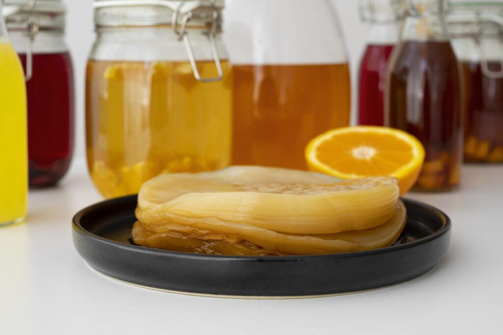 SCOBY je symbiotická kultura bakterií a kvasinek, která umožňuje fermentaci kombuchy.