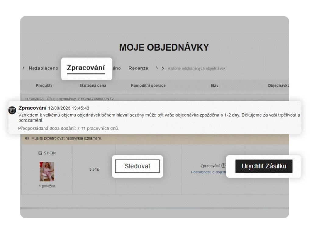 Stav zásilky lze vždy sledovat v uživatelském rozhraní. Mohou tu být k dispozici i upozornění a aktuality. (zdroj Shein.com)